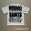 26Ss Camiseta de Manga Corta Ancha con Tachuelas Estampada Cuello Redondo Holgada R3Bel Lavada y Desgastada Retro Europea y Americana para Hombre Tendencia
