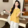 Conjunto de Dos Piezas de Verano para Mujeres Embarazadas Algodón Lino Camisa Estilo Muñeca Top con Volantes Soporte Holgado para el Vientre Ribete de Encaje Pantalones Largos de Pierna Ancha