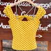 Camiseta de manga curta com poá estilo francês para mulheres, verão, costas abertas, sexy, falso duas peças, slim fit, top curto hot girl
