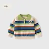 Camisa polo infantil listrada em cores contrastantes estilo coreano, suéter infantil estiloso de tricô, suéter polo infantil A-line para outono e inverno