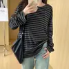 Venta al por mayor de fábrica otoño e invierno Nuevo cuello redondo a rayas holgado talla grande chica rellenita manga larga camiseta top casual versátil para mujer