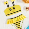 Biquíni Duas Peças Amarelo com Abelhas para Meninas, Biquíni Tomara que Caia com Laço e Babados para Crianças