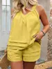Transfronterizo 2026 Tallas Grandes Color Sólido Conjunto de Dos Piezas Cuello en V Halter Camiseta sin Mangas Holgada que Cubre el Vientre Texturizada en Capas Casual
