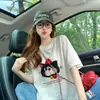 Camiseta Estilo Desenho Gato Fofo Estampa Manga Curta Feminina Verão Renda Jacquard Semi-Transparente Soltinha Versátil Top Tendência