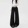 Blazer Casual Negro de Tiro Bajo para Mujer, Otoño e Invierno, Pantalones Anchos Rectos de Caída Suelta, Largos y Extravagantes