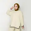 M296# Nova Roupa Feminina Turca Suéter Tricô Color Block Manga Longa Top Calça Wide Leg Conjunto Casual de Duas Peças
