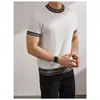 Nuevo Estilo de Verano Tejido de Manga Corta para Hombre, Rayas Bloque de Color Seda de Hielo Transpirable Ajustado Estilo Coreano de Negocios Comercio Exterior Transfronterizo Venta al por Mayor