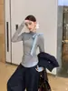 Camiseta de Manga Longa Gola Alta Meia-Calça com Costura em Cor Contrastante Falsa Duas Peças Laço Outono 2025 Nova Slim Modelagem que Emagrece Top para Mulheres