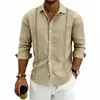 Camisa de Lino Casual Holgada de Estilo Étnico Europeo y Americano Transfronteriza para Hombre de Cuatro Estaciones para Vacaciones, Viajes y Uso Diario con Cuello de Solapa Tejido de Manga Larga para Hombre