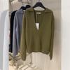 Camisa Básica de Tricô Verde Retrô Francês com Decote V Grande para Mulheres, Suéter de Alta Qualidade para Outono e Inverno com Gola Elegante