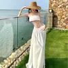 Conjunto de Falda Blanca sin Tirantes para Mujer - Falda Larga de Cintura Baja Conjunto de Dos Piezas para Vacaciones en Blanco