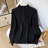 Suéter Feminino Outono/Inverno 2026 com Gola Alta Pequena, Blusa Elegante com Botões, Gola Redonda, Manga Longa, Camada Interna de Tricô