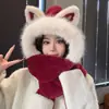 Gorro de felpa lindo con orejas de zorro para otoño e invierno, cálido y a prueba de viento, conjunto de tres piezas para mujer, hace que la cara se vea más pequeña, gorro engrosado que cubre las orejas