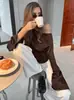 Blusa Irregular com Amarração na Cintura Cor Marrom Escuro, Estilo Europeu e Americano Outono/Inverno para Mulheres, Elegante e Simples, Versátil para o Trabalho