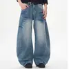Jeans de corte reto, desconstruído, curvo, estilo retrô americano para homens, moderno, perna reta, levemente alargado, com padrão de raio, calça desgastada