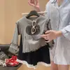 Camiseta de Niña para Primavera y Otoño, Ropa Elegante para Bebé, Moda Infantil Única con Bloques de Color, Volantes, Dibujos Animados, Letras, Camiseta Térmica de Base