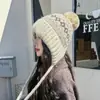Nuevo Gorro de Orejeras Tejido Otoño e Invierno Estilo Fair Isle para Mujer Gorro de Lana con Pompón y Forro Polar para Calidez Gorro de Tirar