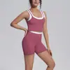 Conjunto de yoga a rayas de colorblock estilo europeo y americano, top sin mangas acanalado deportivo, shorts con espalda bonita, ropa de fitness, conjunto para correr y entrenar para mujer