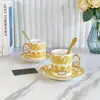 Juego de Taza y Platillo de Porcelana Fina Flor Amarilla Pequeña Fondo Blanco Estilo Europeo Taza y Platillo de Café Juego de Té para la Tarde Taza y Platillo Lujo Accesible Retro Regalo