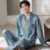 Pijama para Hombre, Algodón Puro, Nuevo Estilo Otoño e Invierno, Manga Larga, Pantalón Largo, Cárdigan con Solapa, Sencillo y Casual, Se Puede Usar Afuera como Ropa de Casa