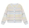 Casaco de malha listrado torcido de cores contrastantes, doce e suave, estilo coreano, outono e inverno, novo, cardigã de malha feminino solto, estilo Chanel