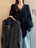 Nuevo Suéter de Punto con Lentejuelas de Longitud Media con Cuello en V Otoño/Invierno 2026 Estilo Coreano Holgado Casual Pulóver para Mujer