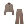 Z Ropa Europea Americana para Mujer Comercio Electrónico Transfronterizo Venta al por Mayor Moda Commute Conjunto de Chaqueta de Traje Corta a Cuadros + Pantalones de Pierna Ancha de Cintura Alta