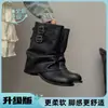 Punhos de Bota Plissados Franzidos Femininos 2026 Nova Coleção Primavera Botas Curtas de Salto Grosso Pretas para Combinar com Saias Botas Martin Biker