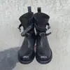 Encuentro de Primera Temporada Hebilla Retro Botas Cortas de Montar Tacón Grueso Botas Vaqueras Western Adelgazantes Redondas Botas Cortas de Motocicleta para Mujer