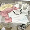 Nova Camiseta Top de Verão para Meninas com Renda, Manga Bufante, Laço, Moda Bebê, Crianças Elegantes, Seda Gelada, Lisa, Manga Curta