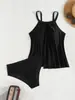 Tankini negro conservador de estilo europeo y americano con cuello halter, frente fruncido y falda acampanada, diseñado para cubrir el abdomen y crear un efecto adelgazante, traje de baño de dos piezas para mujer