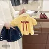 Conjunto de Camisa Amarilla Nueva Linda con Cuello de Muñeca y Shorts de Mezclilla Casual para Niñas Verano 2026