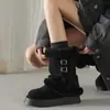 Hebilla de Cinturón de Alta Calidad Botas de Nieve Holgadas 2025 Plataforma Suela Gruesa Tacón Medio Gamuza Cálidas Engrosadas Felpa Botines Cortos para Mujer