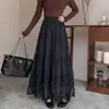 Nueva colección de otoño: falda midi casual para mujer con diseño calado, cintura elástica, detalles plisados y borde con flecos