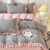 Conjunto de Lençóis de Cama de Algodão Tricotado em Fio Duplo Estilo Coreano Classe A Conjunto de Quatro Peças Algodão Lavado Super Macio Renda Pequena Fresca Capa de Edredom Conjunto de Três Peças 4