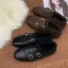 Couro Bovino Dividido ~ [Com Veludo Dupla Fivela] Sapatilhas Estilo Barroco Retrô Britânico Sapatos Mocassins de Couro Pequenos com Fivela de Metal