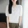 Tricô Francês com Decote em V e Renda Costurada, Manga Curta para Mulheres, Novo Estilo Verão 2026, Blusa Camiseta Fashion