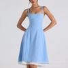 2025 Novo Vestido de Alça Longo Moda Cruzada Europeia e Americana Desejo Puro Cor Pura Costura de Laço Costas Abertas para Mulheres