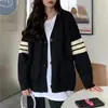 Outono e Inverno Novo Cardigan Listrado Preto Suéter Casaco Feminino Estilo Coreano Solto Estilo Faculdade Manga Longa Suéter Top Trendy