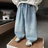 Calças Jeans Infantis para Meninos Primavera e Outono Perna Curva Estilo Coreano Crianças Bonitas Largas Casuais Calças de Bebê Comércio Exterior
