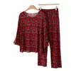 Pijama de Algodón y Seda para Mujer de Mamá, Conjunto de Dos Piezas de Manga Larga para Primavera, Otoño e Invierno, Talla Grande Estampado para Ropa de Casa de Mujeres de Mediana Edad y Mayores