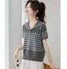 Camiseta de Punto a Rayas Estilo Coreano para Mujer Verano 2026 Nueva Manga Corta Absolutamente Hermosa Cuello Solapa Elegante Que Reduce la Edad Top Adelgazante