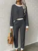 Conjunto de dos piezas para mujer: sudadera casual de punto gofre con cordón y cuello redondo y pantalón largo casual
