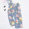 Novas calças de pijama de algodão e seda de verão femininas finas plus size soltas florais calças de perna larga mulheres grávidas podem usar calças externas