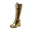Botas de moda plateadas de punta cuadrada con tacón grueso y cordones en la parte delantera, botas de caña alta para otoño e invierno, disponibles en varios tamaños para mujer, dropshipping transfronterizo en AliExpress