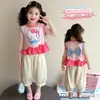 Conjunto de chaleco sin mangas de verano para niñas, color gatito, bloques de color, 2026, nuevo, elegante, de dibujos animados, holgado, dos piezas, atuendo moderno para niños