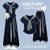 Conjunto de Moda 2026 Verano Nuevo Estilo Universitario Camiseta de Manga Corta Patchwork de Cuadros Pantalones Casuales Conjunto de Dos Piezas