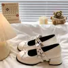 Sapatos Mary Jane com Salto Grosso e Laço para Mulheres, Novidade Outono 2026 Estilo Ballet Versátil Retrô Francês Bico Redondo Pequenos Sapatos de Couro