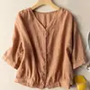 Top de Algodón de Siete Mangas Otoño Delgado Transpirable Camisa Primavera y Verano Estilo Retro talla extra Cuello en V Top Corto