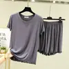 Conjunto de pijama de duas peças para mulheres, T-shirt modal com babados de manga curta e shorts soltos, estilo coreano, fino de verão, tamanho grande, para casa